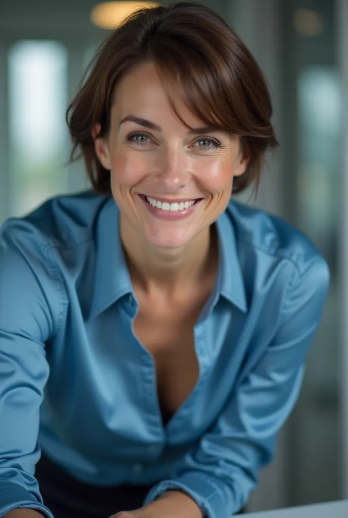 Office, a female fellow worker standing at desk and bends over down to desk. scene: macro close-up look into decollete. focus on chest, bra, medium high closed glossy blue silk shirt, a tip of her bosom can be seen. brown short hairstyle. smile. bright whi...