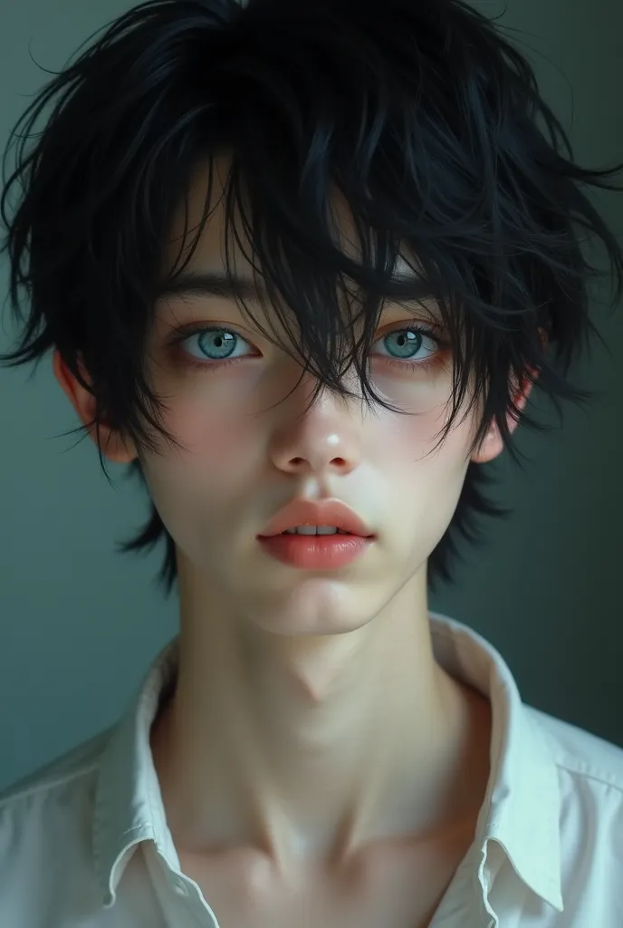 A young femboy looking man with shaggy black hair and blue eyes