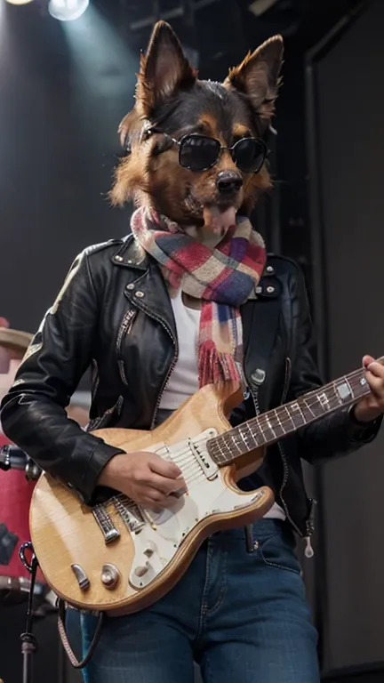 A stylish anthropomorphic dog playing an electric guitar. The dog is wearing cool sunglasses and a fashionable outfit, such as a leather jacket, hoodie, or scarf. The background is vibrant and colorful, featuring artistic splashes of paint or a clean, mode...