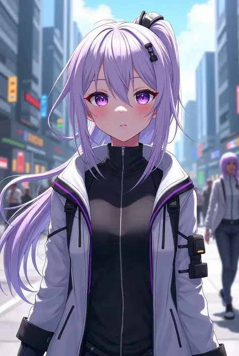  an anime girl ,  pants on the back, Looking sideways ,  long white hair with purple threads , some locks of purple hair ,  ponytail hairstyle ,  purple eyes,  black blouse with a high collar and a white turtleneck jacket with black and purple details on t...