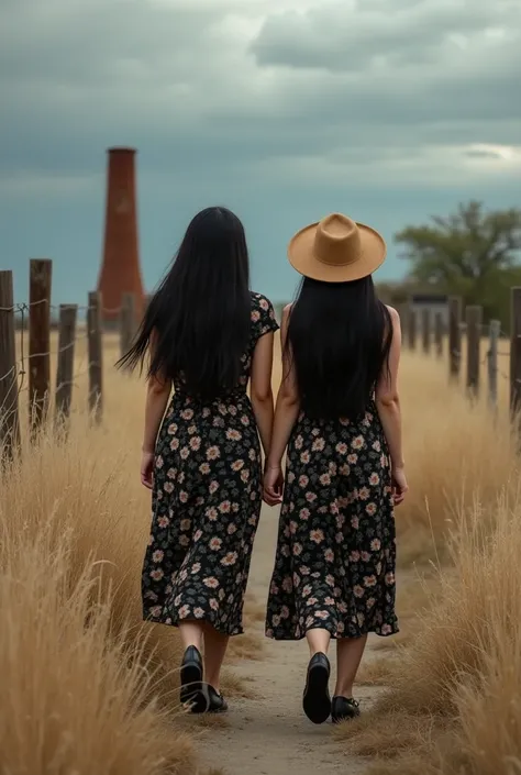 ( realistic picture :1.2),   beautiful woman  , original photo
An original photo of two 34-year-old Asian women with a curved figure with long black hair, Wearing a hat,wearing a black flowered dress,  black shoes , walking with a savanna background, long ...