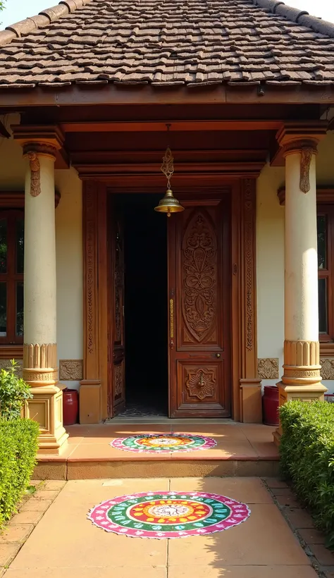 The entrance of a traditional South Indian house, featuring an ornate wooden door with intricate carvings, flanked by tall pillars. A colorful kolam (rangoli) is drawn on the ground, enhancing the welcoming atmosphere. The tiled roof extends slightly beyon...