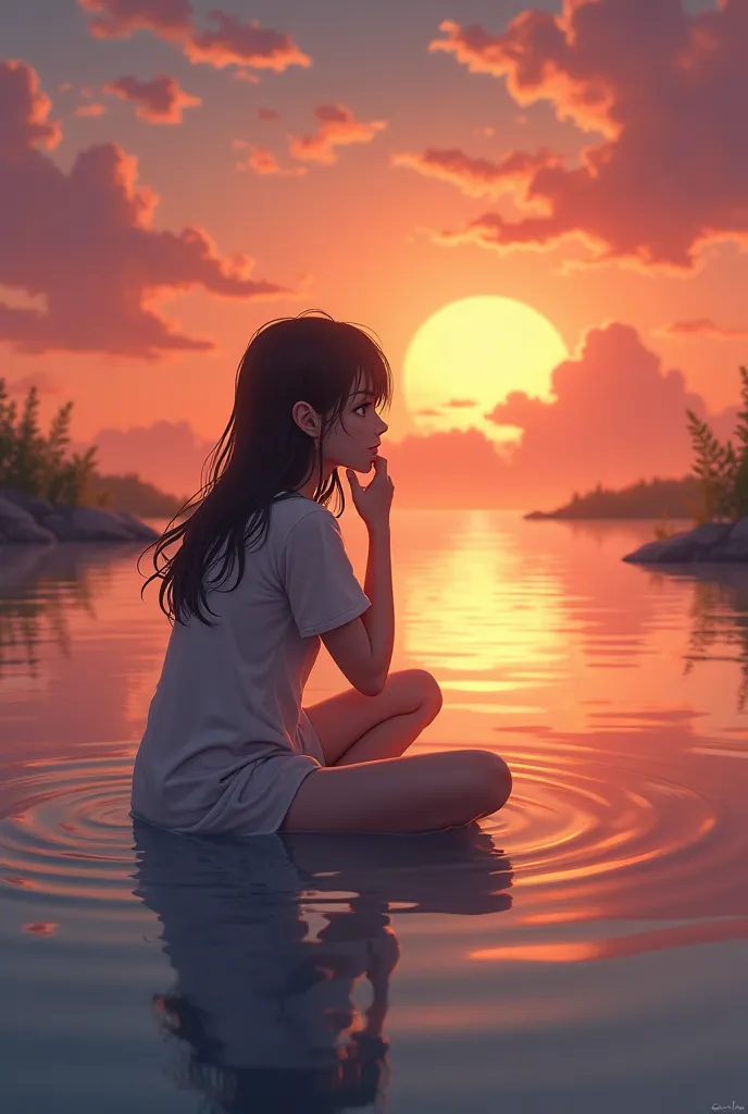 A girl who is sitting and in the shoal that facing the sunset as her hands on her chin. 