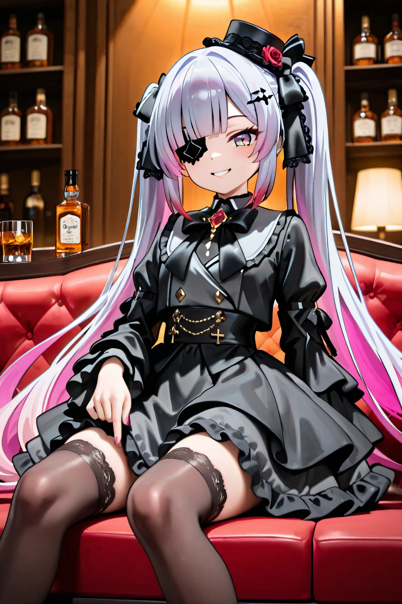 "best quality, in 8K resolution, rich contrast, sharp focus. Anime-style gothic lolita character with lavender hair styled in long straight twin-tails flowing down her back, tied with black long ribbons that reach her waist. silky hair, flipped hair, blunt...