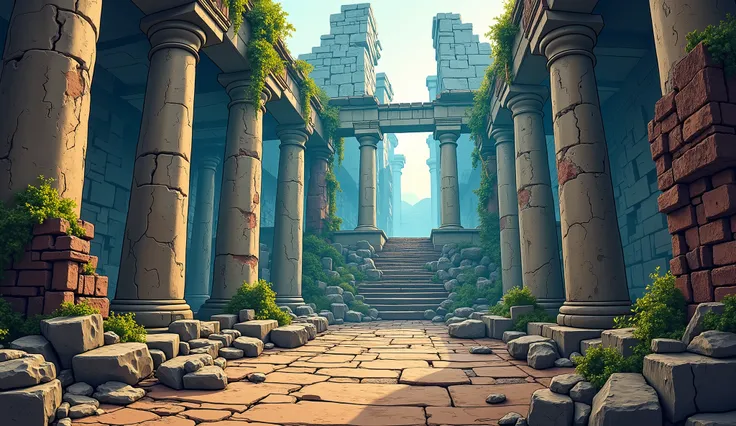 A mysterious, old abandoned temple in ruins, with towering stone pillars—some of them broken or crumbling. Large rocks and debris are scattered across the scene, showing signs of past destruction. Vines and tendrils creep over the structure, weaving throug...