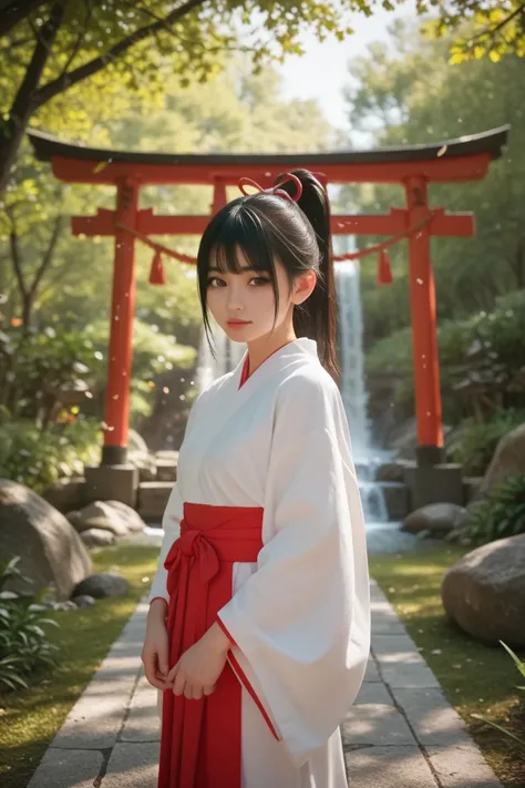  best quality,   super high resolution、waterfall、waterfallの下、 Japanese、(( cute middle school girl))、 small tits、wet shrine maiden costume、Elongated ponytail black hair、 Brown Eyes、