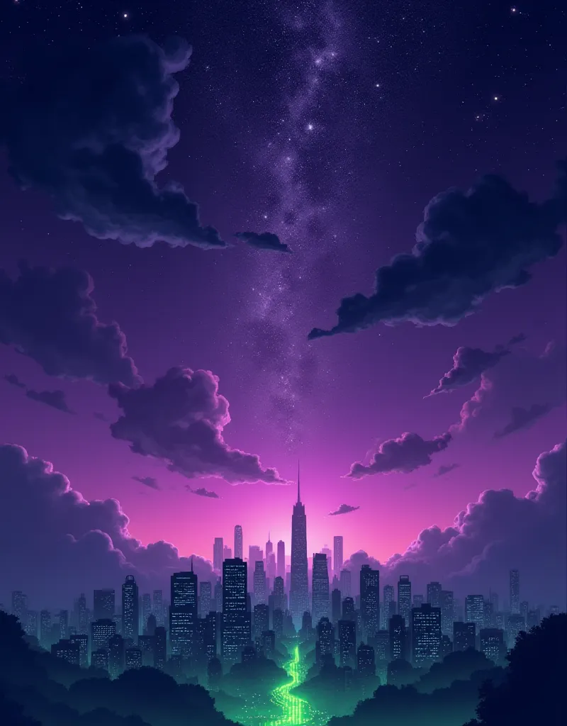 green purple background, dark purple with stars up, cloudy purple sky down, realistic, bird's eye view, big city silhouette down, night stars up