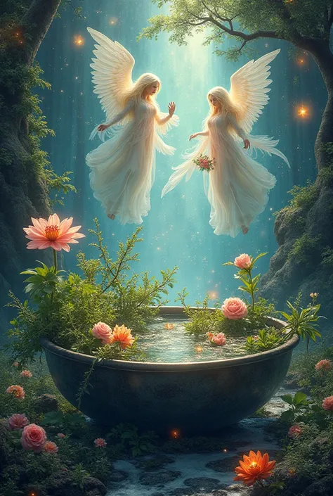 Create a psychedelic image of herbs in a basin with water and in the background some shiny figures such as angels and elves 