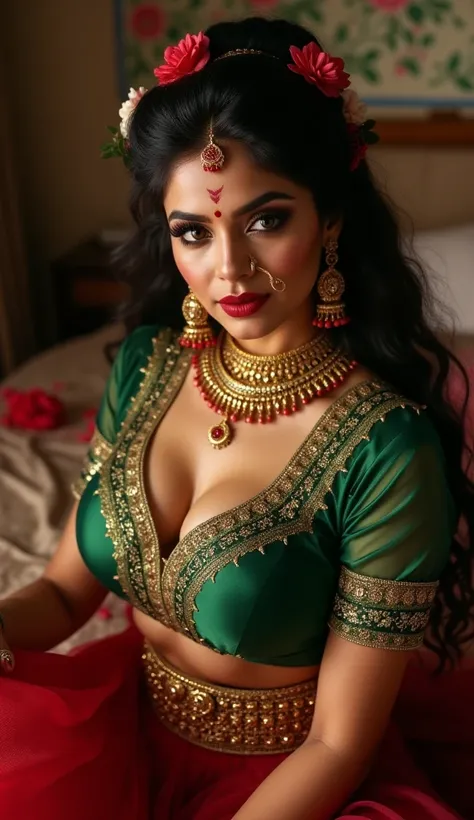 Indian milf on her hot posing, looking at camera, with lust in her eyes, black hair tied around, flowers in head,sandal mark on forehead, sindhur on forehead (vermilion mark on forehead in the middle of hair partition,transparent red long Skirt , dark red ...