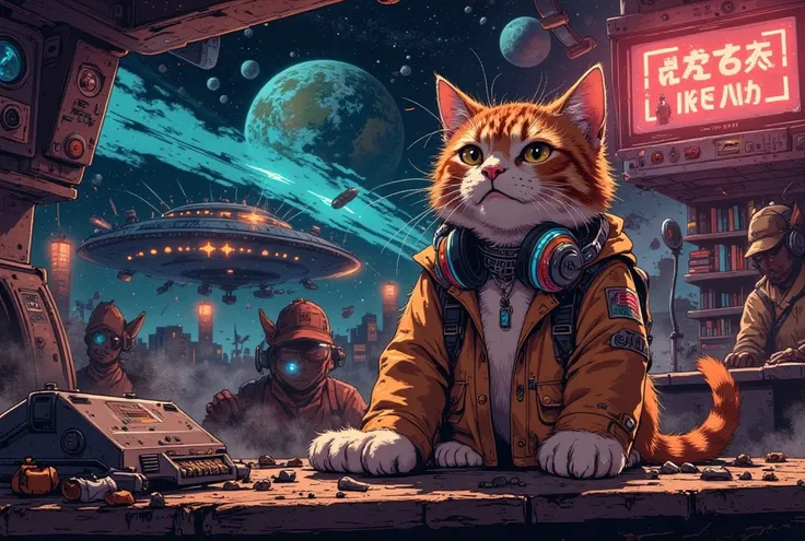 (Cat listening to music),(spaceship)(headphone accessory) ( The fund is a nightclub from the 80s in space ),(dynamic), (dust:2.0),(CALM MOOD:2.0),( detailed color),( more details:2.0), planets, Noise old image, (Brilliant disco globe), Aliens trying to abd...