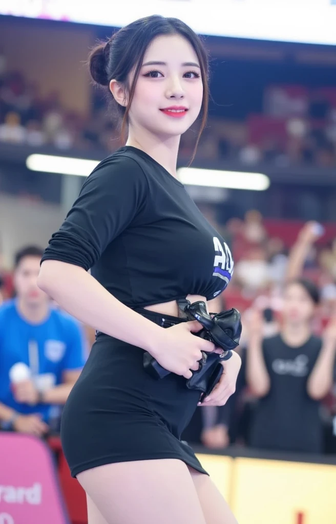 1girl, d3hyun dahye velo, in a black dress standing in front of a crowd, she has a jiggly fat round belly, bae suzy, trending at cgstation, full body xianxia, her belly button is exposed, tight shirt, trending on cgstation, attractive pose, side boob, reve...