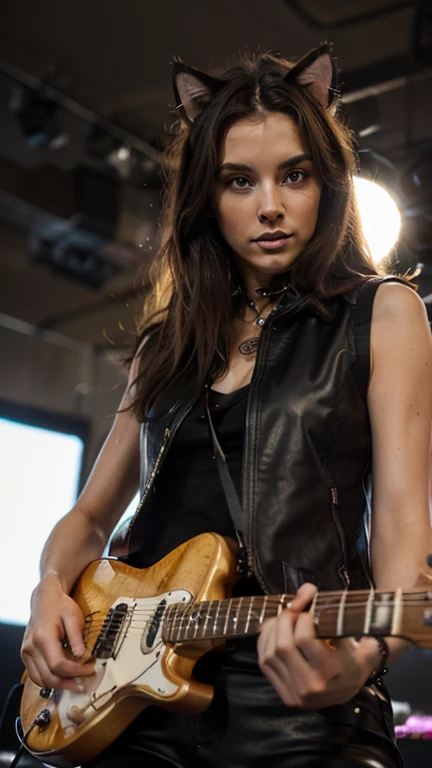 A fluffy, light-brown kitten with expressive eyes, standing upright while playing an electric guitar. The kitten wears a stylish black leather vest, giving it a rockstar appearance. The guitar is sleek and black with metallic details, and the kitten's paws...