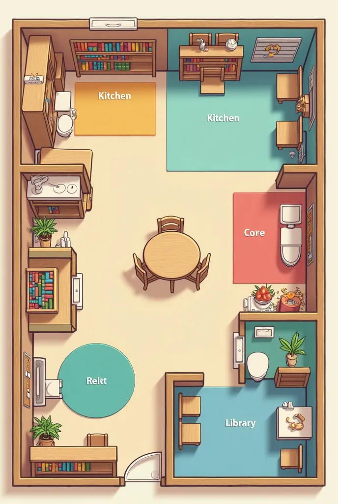 A preschool classroom plan with 4 areas, kitchen or home , artistic, building and library must have their names, Furniture at ren's height, including the bathroom and the board, The classroom with pastel colors, and that the games and images of it are inte...