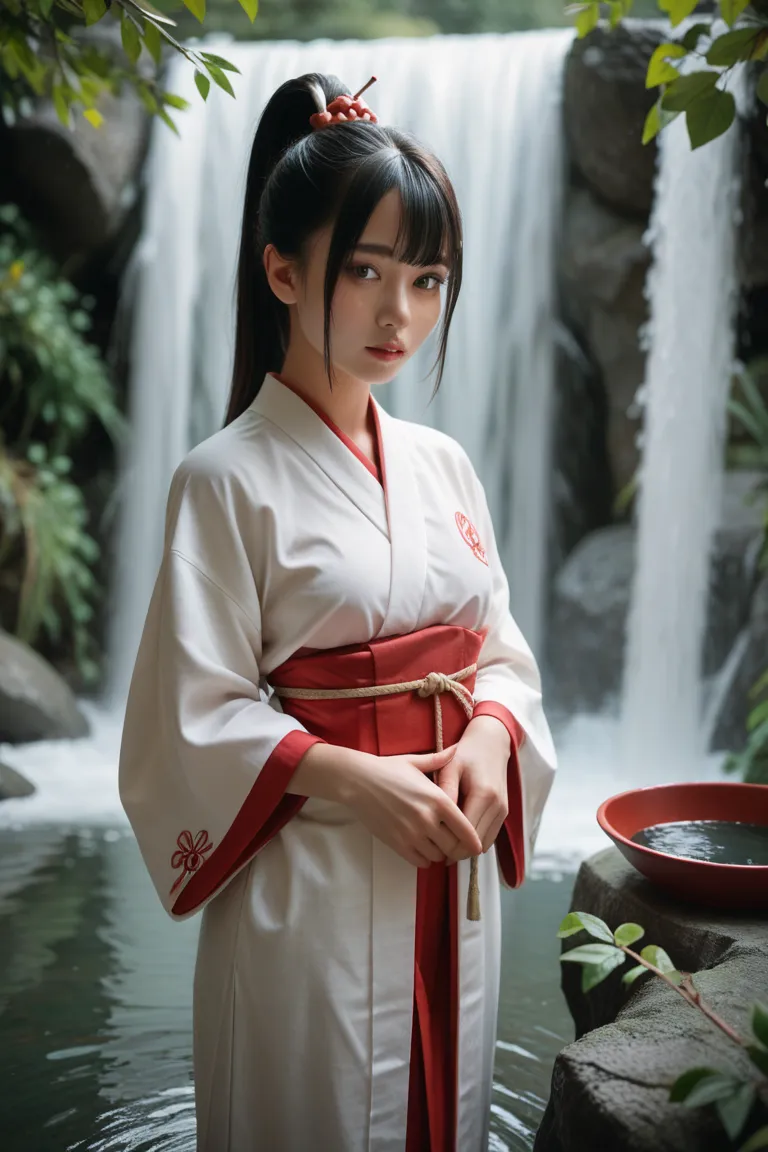  best quality,   super high resolution、waterfall、waterfallの下、 Japanese、(( cute middle school girl))、 small tits、wet shrine maiden costume、Elongated ponytail black hair、 Brown Eyes、