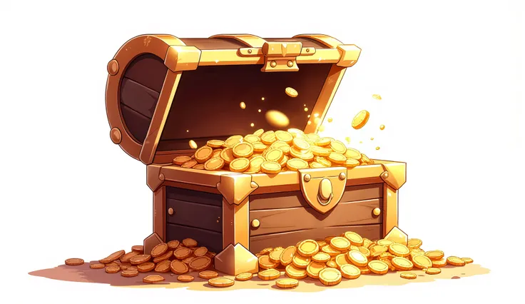 Gold-made treasure chest open with a pile of coins, diamonds and gold jewelry shown from inside of it. isolated on white background. The art style is cartoonish or vector-illustrated.