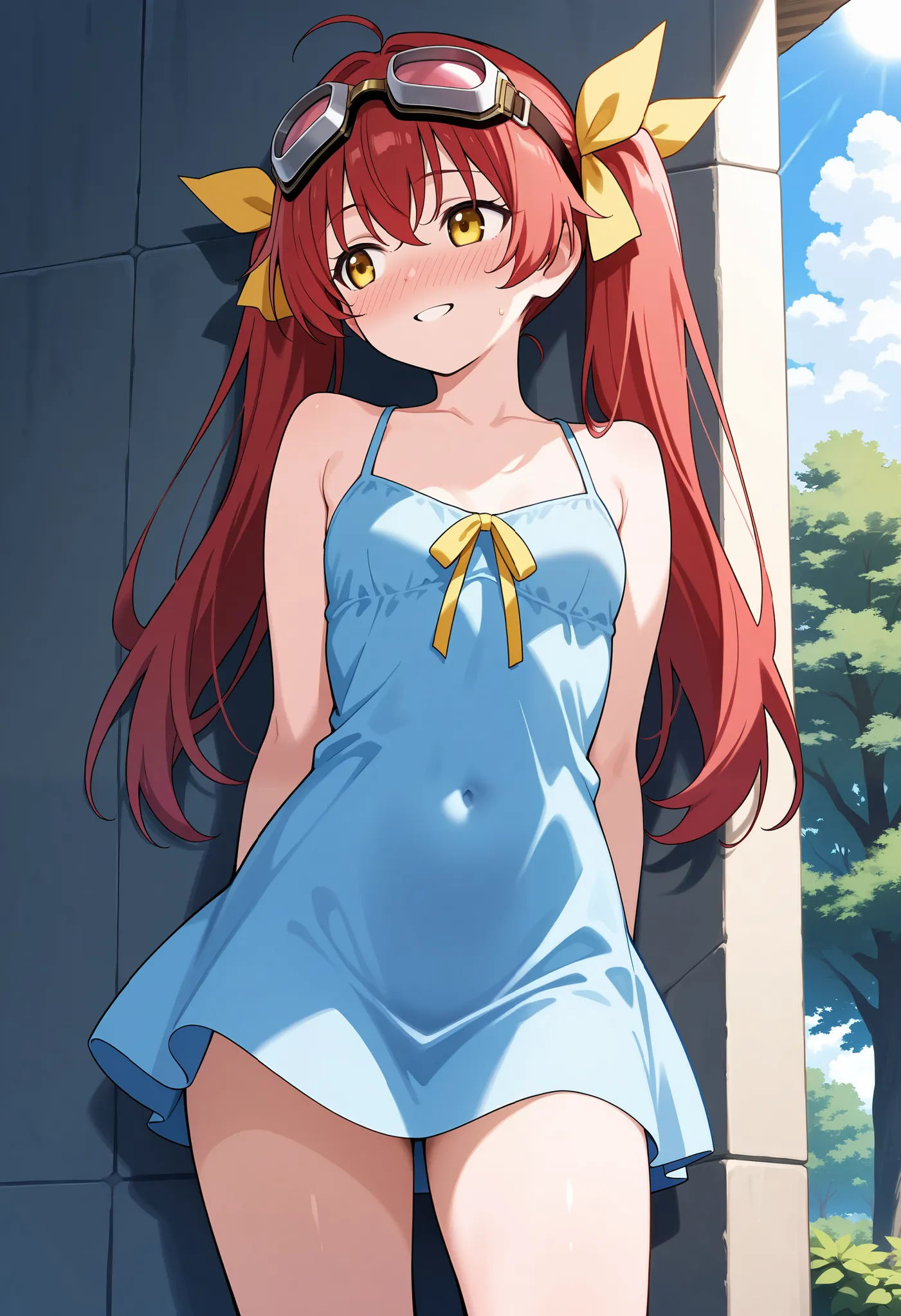 score_9, score_8_up, score_7_up, score_6_up, score_5_up, score_4_up, source_anime, tina, 1girl, solo, dwarf, yellow eyes,  long hair, red hair, twintails, yellow ribbons, bangs, goggles, petite, small breasts, thicc thighs,smile, parted lips, front view, l...