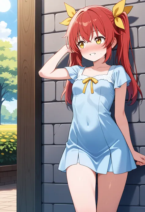 score_9, score_8_up, score_7_up, score_6_up, score_5_up, score_4_up, source_anime, tina, 1girl, solo, dwarf, yellow eyes,  long hair, red hair, twintails, yellow ribbons, bangs, petite, small breasts, thicc thighs,smile, parted lips, front view, looking aw...