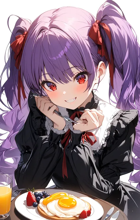 
1 girl,How tall is an 18-year-old, purple hair ,Red Eyes,smile, doya face, twin tails,silver streaked hair, with 2 red ribbons on the head, black gothic lolita dress,Breakfast time, table manners,diffused light,looking away
masterpiece,best quality,amazin...