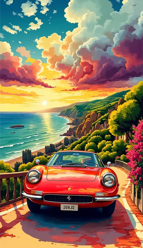   Suzuki Hideto's painting style 、 Ferrari Dino 246 GT、Southern French Coastline Road, Sunset、 beautiful sunset