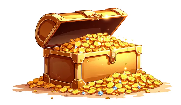 A luxurious treasure chest made entirely of gold, including its body, lid, and intricate details. The chest is open, revealing a dazzling pile of gold coins, sparkling diamonds, and various gold jewelry overflowing from inside. The scene is illustrated in ...
