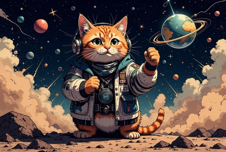 (Cat listening to music),(spaceship)(headphone accessory) ( The fund is a nightclub from the 80s in space ),(dynamic), (dust:2.0),(CALM MOOD:2.0),( detailed color),( more details:2.0), planets, Noise old image, (Brilliant disco globe), Aliens trying to abd...