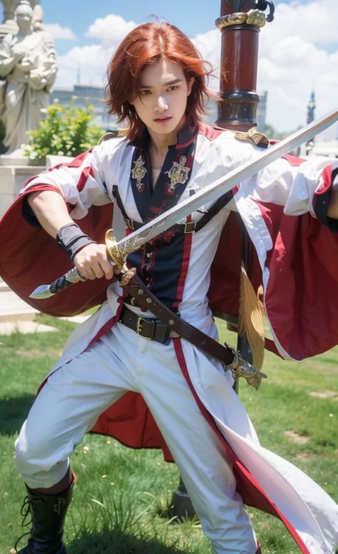 man in a red and white outfit holding a sword, handsome man, red hair, while holding a sword, holds a sword, with large sword, holding a sword, carrying a sword, wielding a magical sword, holding sabre