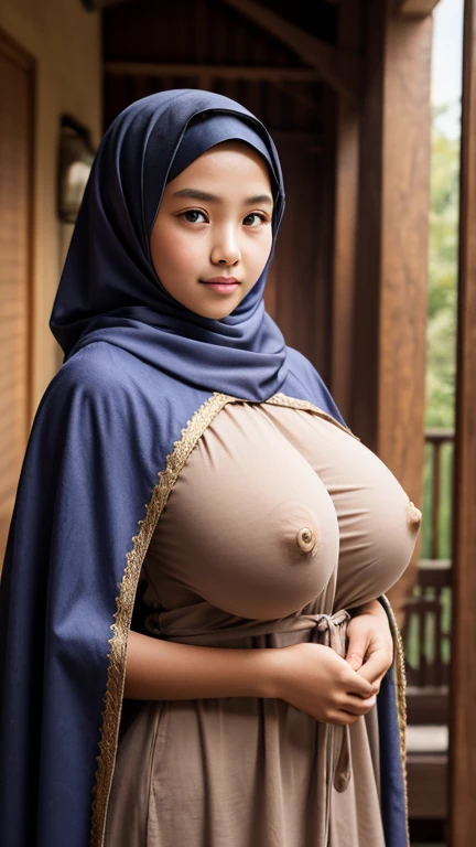 Javanese thin flat 15yo young girl, beautiful baby face, closed long covered hijab, long cloak gown, she have a super big breast, the super big breast is high towering on inner her cloak gown details