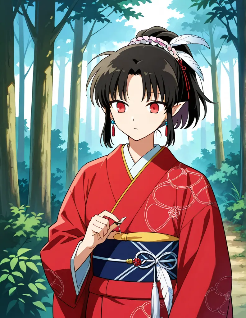  score_9,  score_8_arriba,  score_7_arriba,   source  _animated,
inuyashakagura, 
kagura,  black hair ,  hair ornament,  red eyes,  pointy ears, make up, feathers, feather  hair ornament,  ponytail ,
jeweler&#39;s,  earrings,  Japanese clothing, kimono, ma...