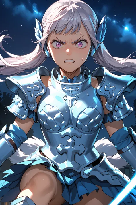 Noelle Silva,  Valkyrie Armor , armor, 1 girl, shoulder pads,  long hair, twin tail, power armor, disgusted face,  looking down ,,  score_9,  score_8_arriba,  score_7_arriba,  score_6_arriba,  score_5_arriba,  score_4_arriba, weapon arrives,  arm behind th...