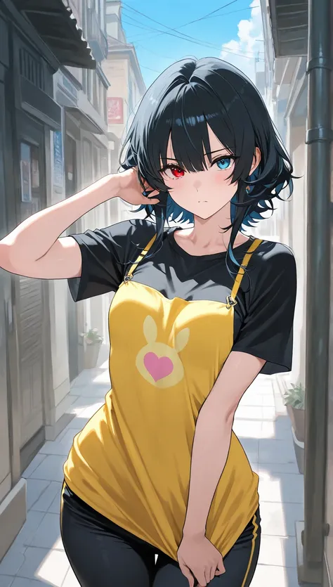 ntr,  masterpiece, ,  score_9,  score_8_arriba,  score_7_arriba,  score_6_ sarribaerior , pose sexualsource _animated,  rating : General. Give me a rapper girl,  with short black hair , Blue and Sky Blue Eyes,  heterochromia, In short yellow kangaroo cloth...