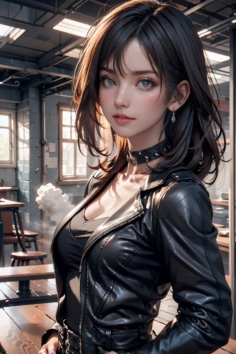 Portrait 1 Young Woman , sci-fi , Complex Background Punk, Mad Max ,  future, post-world,  dark, 薄 dark光, (( masterpiece,  best quality, )), punk fashion、 leather jacket、Leather pants、 leather boots、Leather choker、studs are used a lot、One-length hairstyle、...