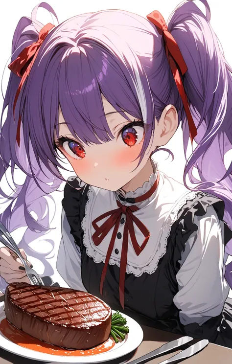 
1 girl,How tall is an 18-year-old, purple hair ,Red Eyes, twin tails,silver streaked hair, with 2 red ribbons on the head, black gothic lolita dress,Dinner time, steak , table manners,diffused light,looking away
masterpiece,best quality,amazing quality