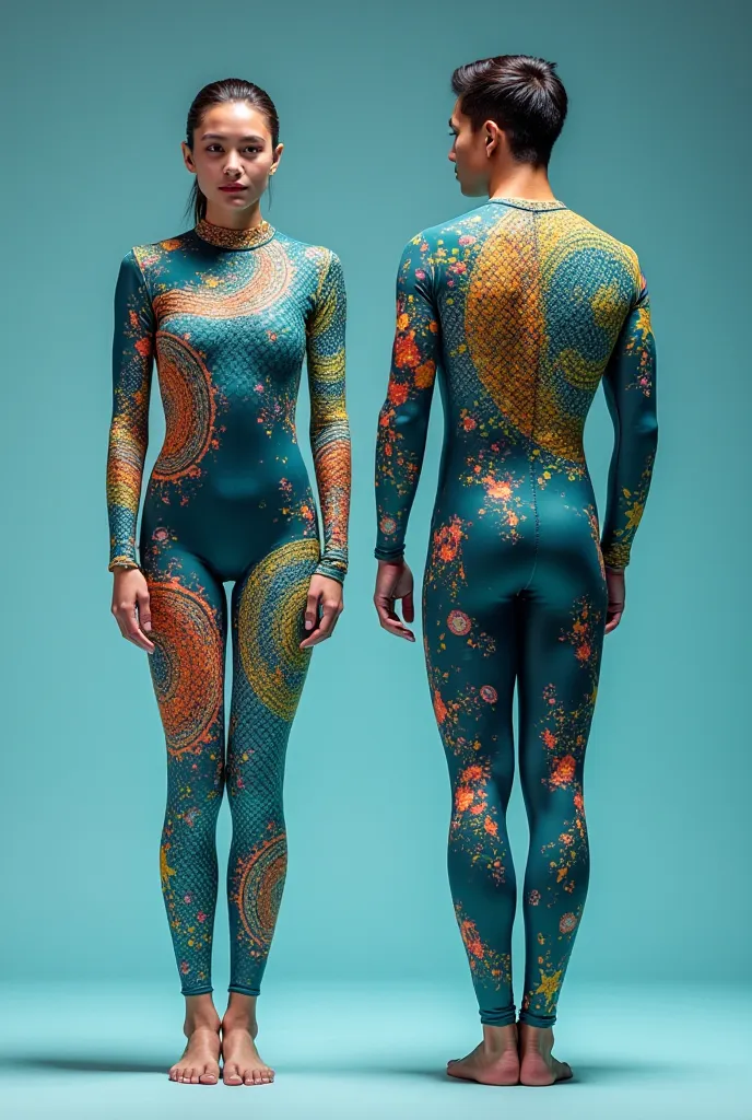 I want two rhythmic gymnastics-like suits, jumpsuits tight to the body, in colorful colors and that represent fish from the Mexican Sea., one suit for women and one for men 