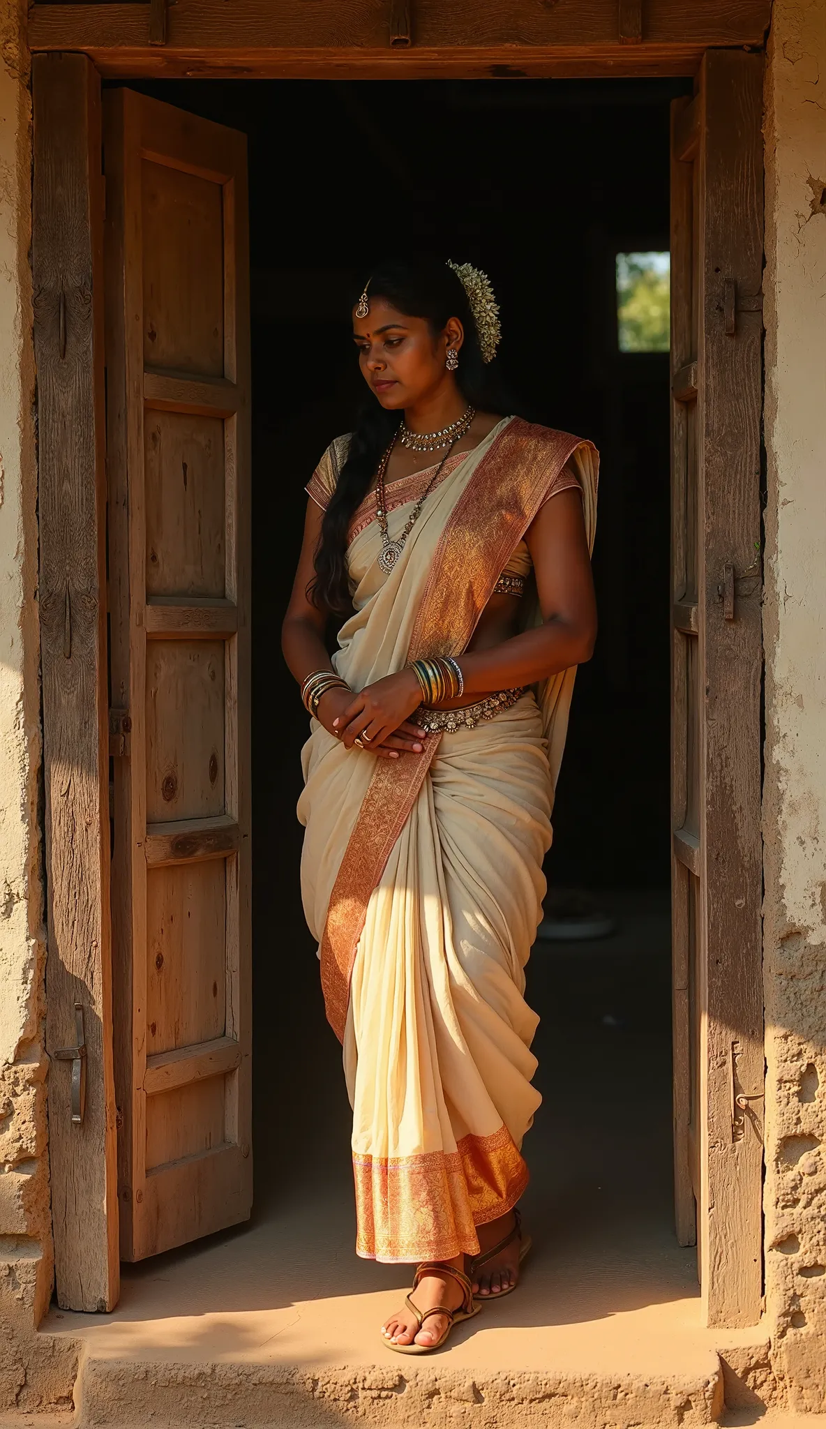 A beautiful 22-year-old South Indian woman from ancient times stands gracefully at the wooden doorway (thalai vaasal) of a traditional house. She is dressed in elegant traditional attire with intricate jewelry, her expression calm and composed. She is seen...