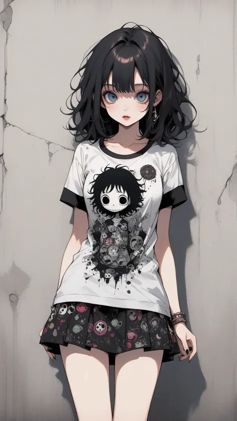  Tim Burton Style、 printed t-shirt 、 miniskirt、 concrete、 upper body、front、Designs and colors are random、