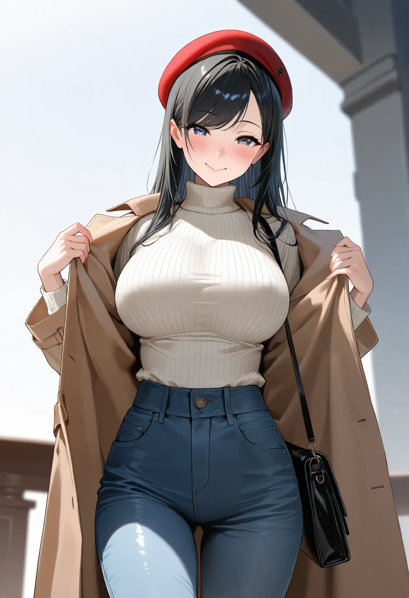 (best quality, masterpiece, ultra detailed, high resolution), Beautiful 8K CG artwork, Enriched photography, anatomically accurate body, depth of field,  1girl, elegant yet sexy girl, (long hair, black straight hair, swept bangs), 
round large breasts, bre...