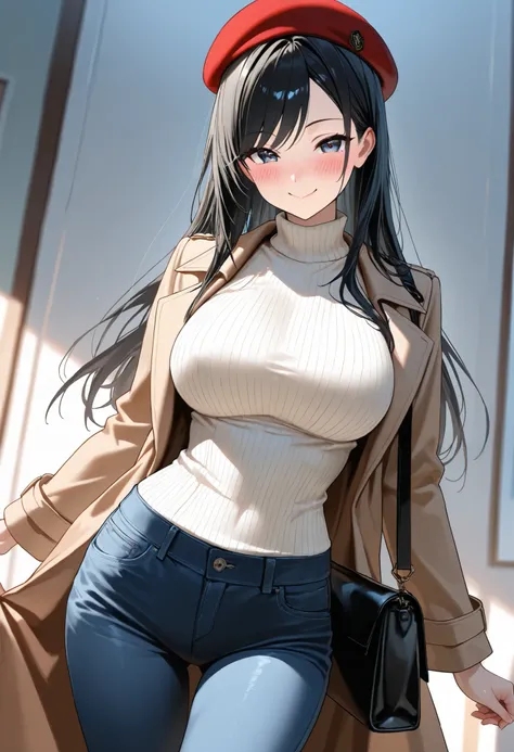 (best quality, masterpiece, ultra detailed, high resolution), Beautiful 8K CG artwork, Enriched photography, anatomically accurate body, depth of field,  1girl, elegant yet sexy girl, (long hair, black straight hair, swept bangs), 
round large breasts, bre...