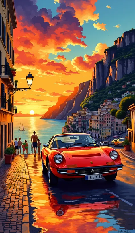   Suzuki Hideto's painting style 、 Road Trip at Sunset, Ferrari Dino 246 GT、Amalfi, dim city 、Street lamp、The sky that becomes dark、Sunset、 beautiful sunset