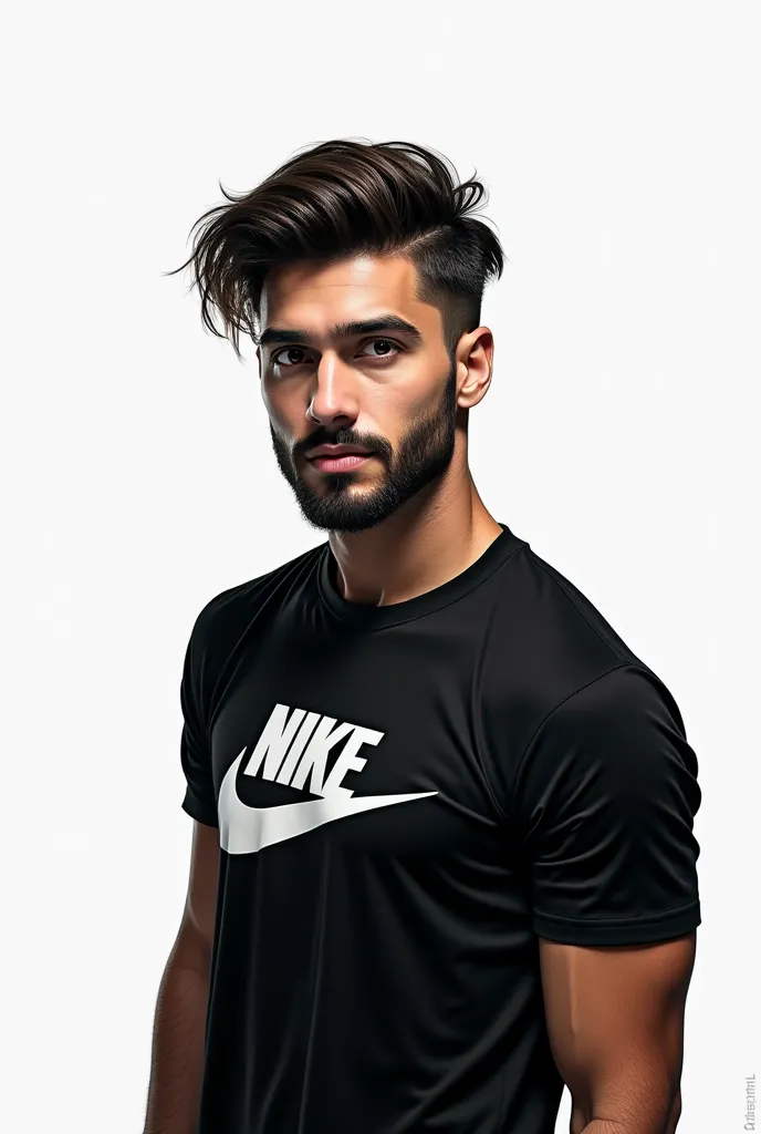 believe me, a type logo of a gamer boy, with short hair, black eyes, with a beard, tan, and a black Nike t-shirt, and a black and white background, gamer