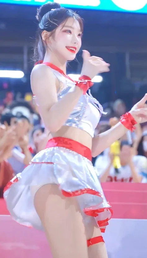 Korean woman named dahye in a silver and red outfit dancing in front of a crowd, as though she is dancing, she is dancing, chinese ribbon dance, jia, gogo dancer, yoko matsugane as mai shiranui, female dancer, candid shot, dancing in the background, low qu...