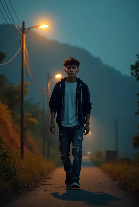 A dynamic and atmospheric night scene featuring a 22-year-old Indonesian man with a messy, short hairstyle, casually dressed in a modern urban outfit. His attire includes a loose-fitting, navy-blue hoodie layered over a plain white t-shirt, paired with dis...