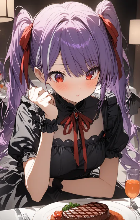 
1 girl,How tall is an 18-year-old, purple hair ,Red Eyes, twin tails,silver streaked hair, with 2 red ribbons on the head,black gothic lolita dress, thighs,Dinner time, steak ,table 🍴, table manners,diffused light,looking away
masterpiece,best quality,ama...