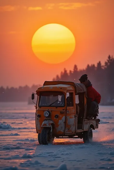 Driving on an autorickshaw on the frozen sea, solo travel, huge orange sunset, cycling