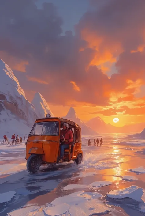 Driving on an autorickshaw on the frozen sea, solo travel, huge orange sunset, cycling