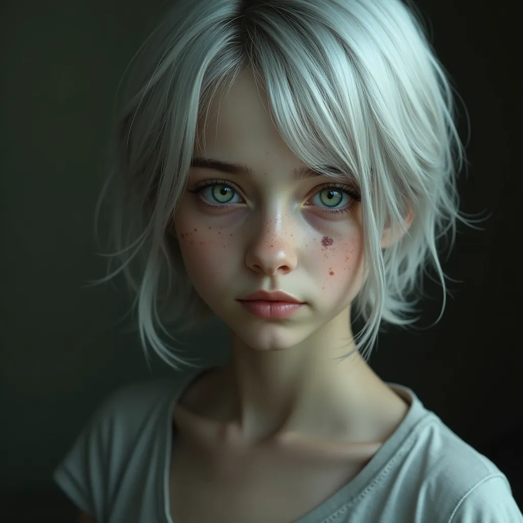 young girl (Real human)  with a face would always be worse innocent. Of medium height and slim body .  Her hair is short silver with a lock of hair on her left . with light green eyes,  on her face she has a mole under her right eye .  On her arms you can ...