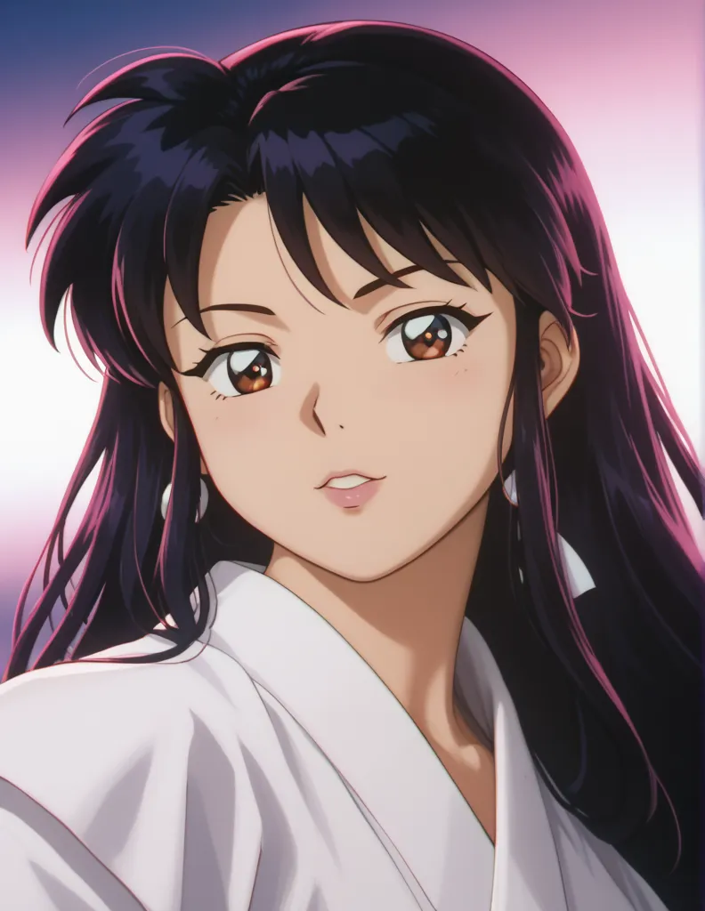  score_9,  score_8_arriba,  score_7_arriba,  score_6_arriba,  masterpiece,   It is of the best quality , ( a girl), Kikyo,  Alone,  long hair,  black hair ,  brown eyes, sidelocks,  cutting the hime , Retro style, (luz de luna:1.2),  Chromatic Aberration ,...