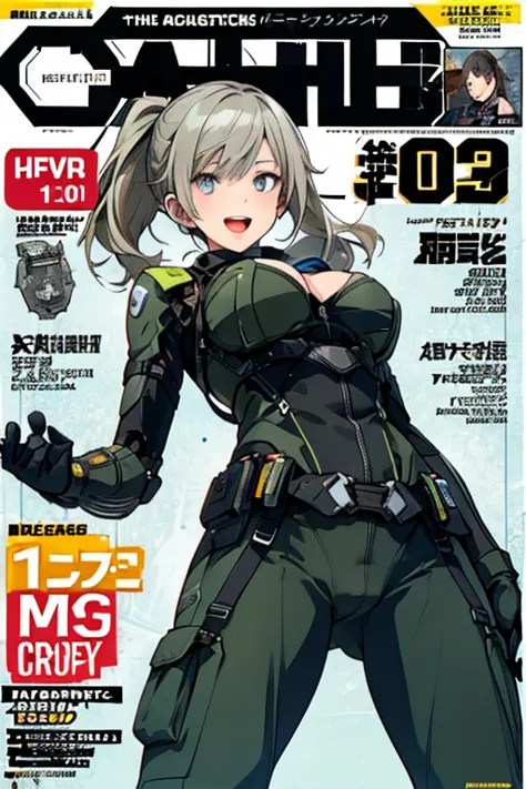 (from below:1.2, best quality ),1girl, solo, perfect, best quality, masterpiece, beautiful, pretty,female orbital drop shock trooper, green combat suit, futuristic body armor, large breasts, cleavage, cargo pants, long brown hair, ponytail, blue eyes, tact...