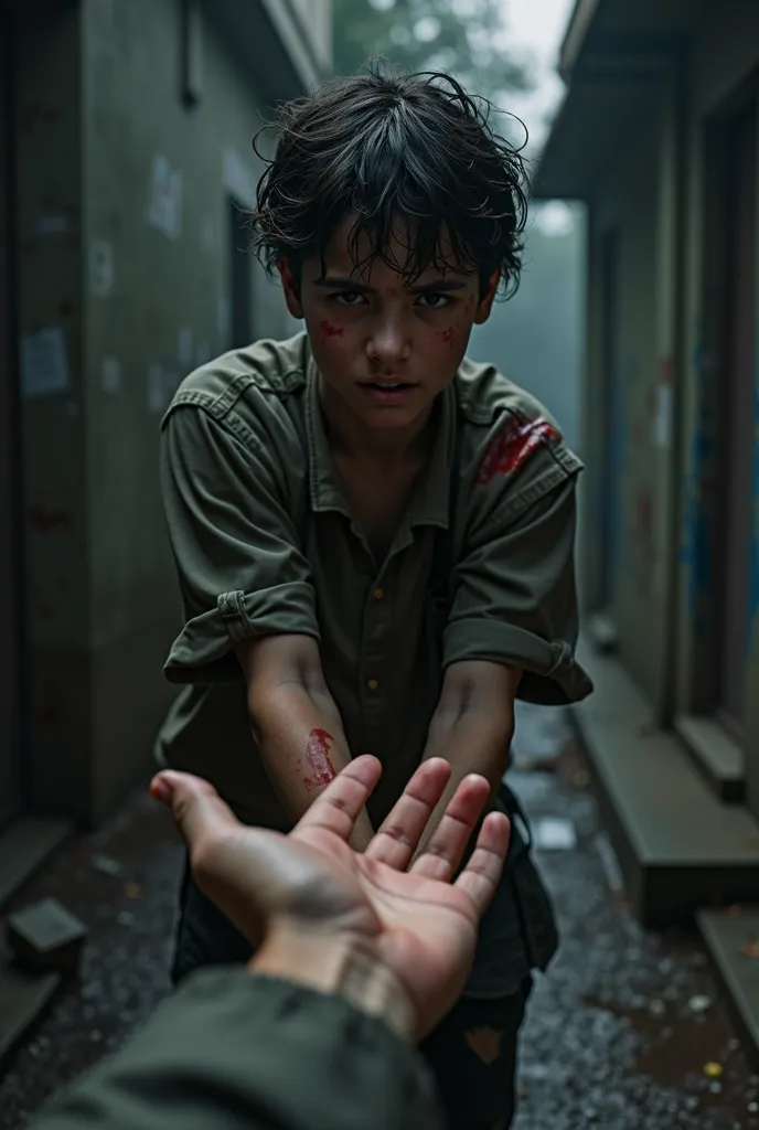 Image of an injured 15-year-old boy seeking help and a hand reaching out to do so. With a lot of focus on the background