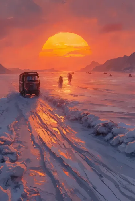 Driving on an autorickshaw on the frozen sea, solo travel, huge orange sunset, cycling