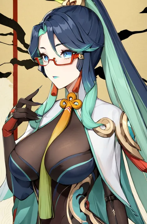  masterpiece,  The best quality ï¼ ï¼ a girl, glasses, Alone ,  breasts,   multicolored _hair, Gloves, negro_hair, looking_en_ spectator , long_hair,  superior _ Body, two-tone_hair, make-up, semi-rimless _glasses,  ponytail , big_ breasts, blue_eyes, blue...